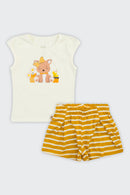 Conjunto Bebê Menina Blusa e Short Meia Malha Boca Grande  Off White